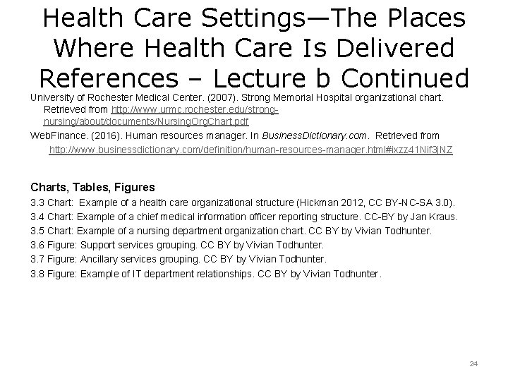 Health Care Settings—The Places Where Health Care Is Delivered References – Lecture b Continued