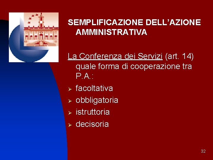 SEMPLIFICAZIONE DELL’AZIONE AMMINISTRATIVA La Conferenza dei Servizi (art. 14) quale forma di cooperazione tra