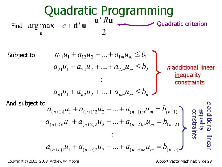 Quadratic Programming Find Quadratic criterion Subject to n additional linear inequality constraints Copyright ©