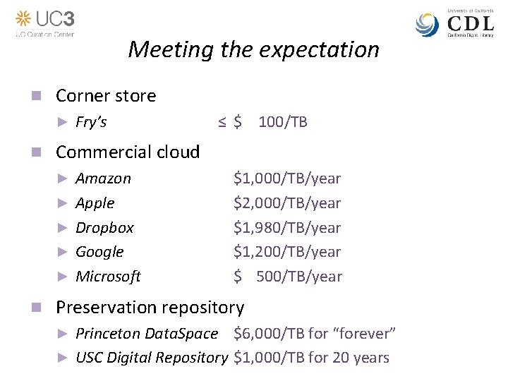 Meeting the expectation n Corner store ► n ≤ $ 100/TB Commercial cloud ►