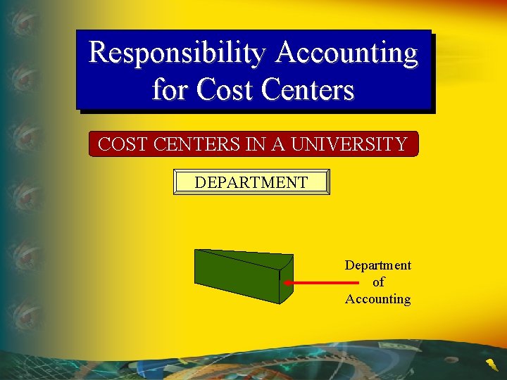 Responsibility Accounting for Cost Centers COST CENTERS IN A UNIVERSITY DEPARTMENT Department of Accounting