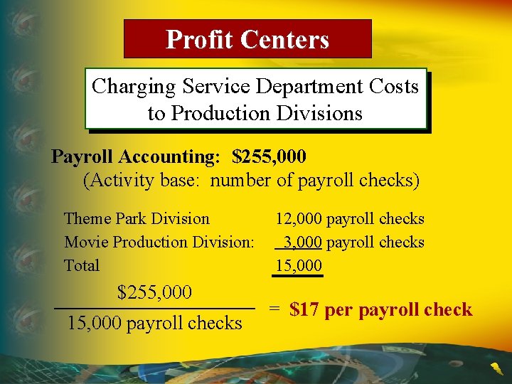 Profit Centers Charging Service Department Costs to Production Divisions Payroll Accounting: $255, 000 (Activity