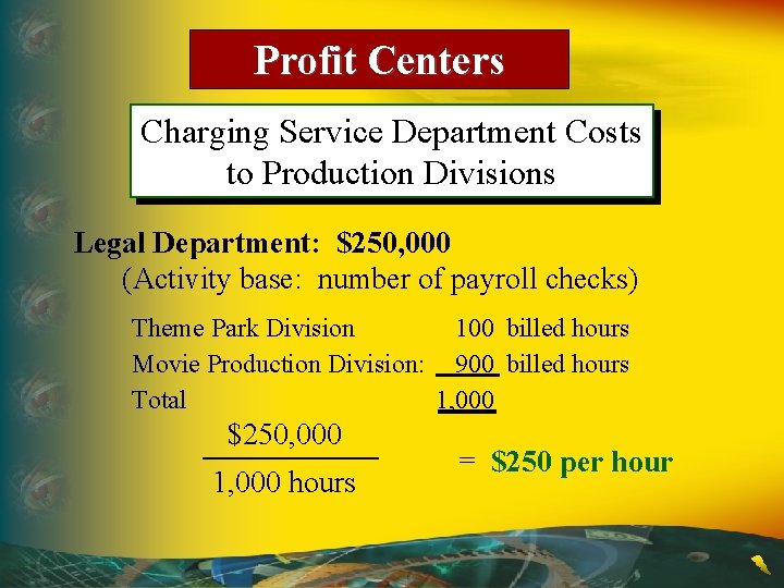 Profit Centers Charging Service Department Costs to Production Divisions Legal Department: $250, 000 (Activity