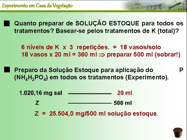 Experimento em Casa de Vegetação Quanto preparar de SOLUÇÃO ESTOQUE para todos os tratamentos?