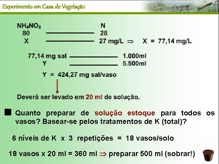 Experimento em Casa de Vegetação Quanto preparar de solução estoque para todos os vasos?