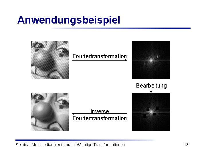 Anwendungsbeispiel Fouriertransformation Bearbeitung Inverse Fouriertransformation Seminar Multimediadatenformate: Wichtige Transformationen 18 