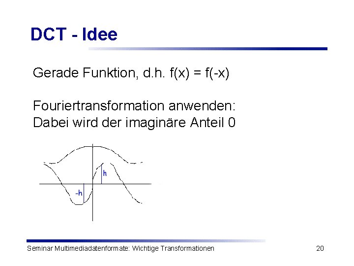 DCT - Idee Gerade Funktion, d. h. f(x) = f(-x) Fouriertransformation anwenden: Dabei wird