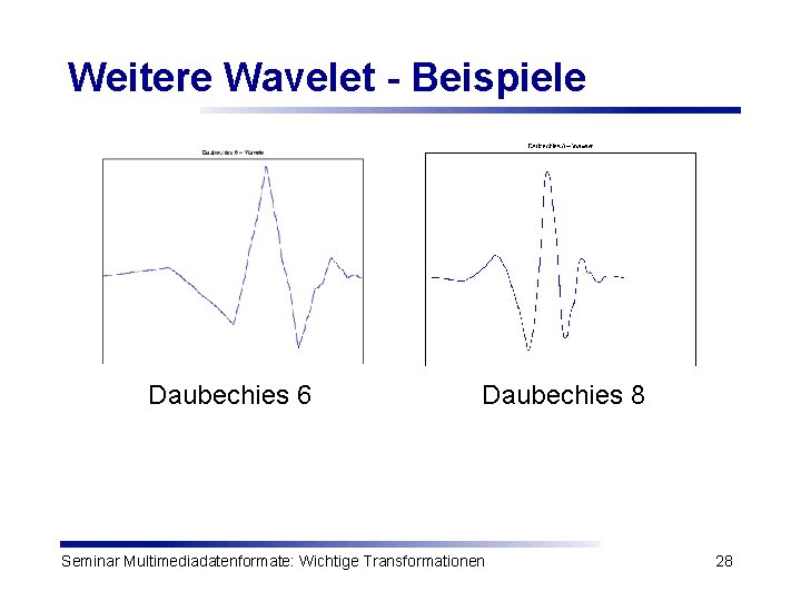 Weitere Wavelet - Beispiele Daubechies 6 Daubechies 8 Seminar Multimediadatenformate: Wichtige Transformationen 28 
