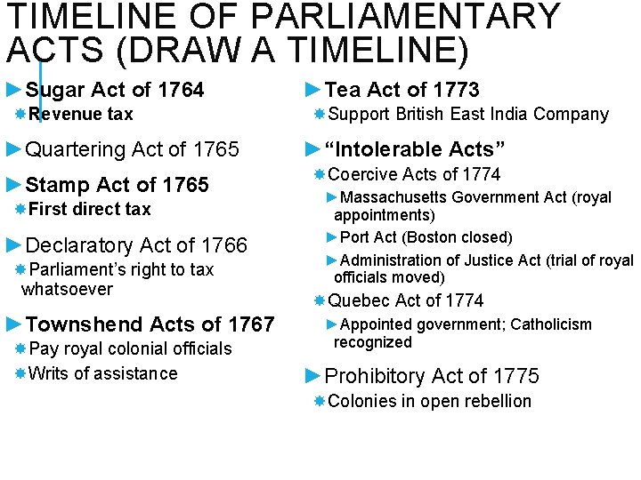 TIMELINE OF PARLIAMENTARY ACTS (DRAW A TIMELINE) ►Sugar Act of 1764 Revenue tax ►Quartering