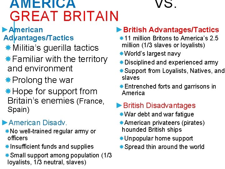 AMERICA GREAT BRITAIN ►American Advantages/Tactics VS. ►British Advantages/Tactics 11 million Britons to America’s 2.