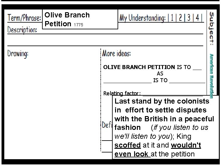 Olive Branch Petition 1775 OLIVE BRANCH PETITION IS TO ___ AS ________ IS TO