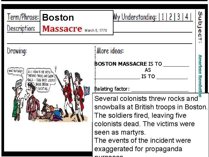 Boston Massacre March 5, 1770 BOSTON MASSACRE IS TO _____ AS ________ IS TO