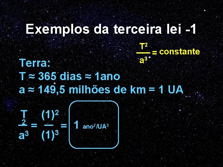 Exemplos da terceira lei -1 2 T __ a 3 = constante Terra: T