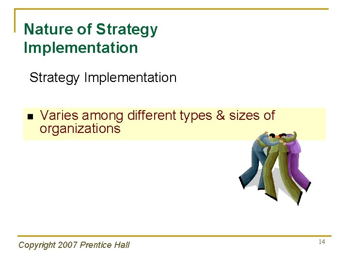Nature of Strategy Implementation n Varies among different types & sizes of organizations Copyright