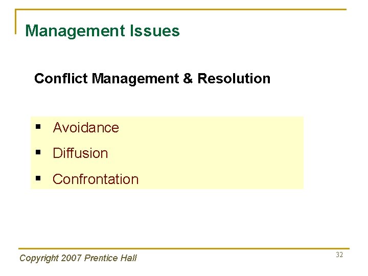 Management Issues Conflict Management & Resolution § Avoidance § Diffusion § Confrontation Copyright 2007