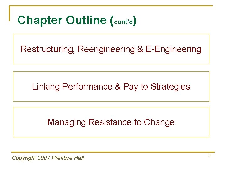 Chapter Outline (cont’d) Restructuring, Reengineering & E-Engineering Linking Performance & Pay to Strategies Managing