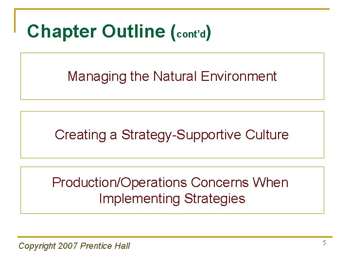 Chapter Outline (cont’d) Managing the Natural Environment Creating a Strategy-Supportive Culture Production/Operations Concerns When