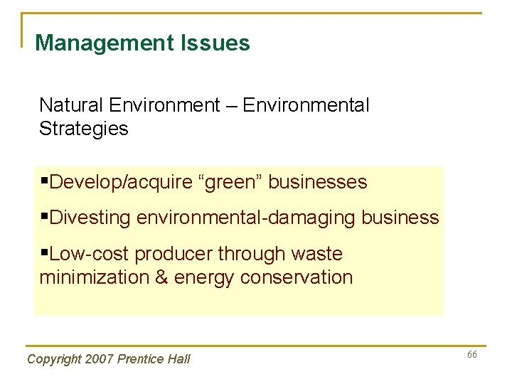 Management Issues Natural Environment – Environmental Strategies §Develop/acquire “green” businesses §Divesting environmental-damaging business §Low-cost