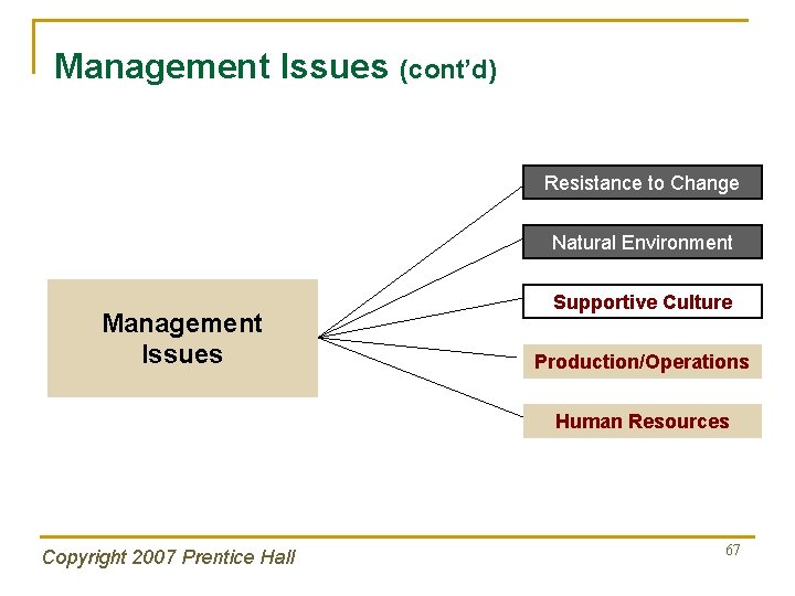 Management Issues (cont’d) Resistance to Change Natural Environment Management Issues Supportive Culture Production/Operations Human