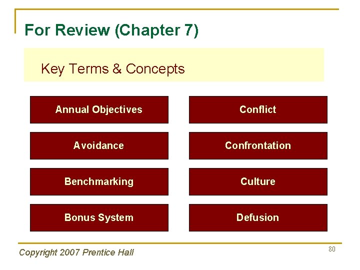 For Review (Chapter 7) Key Terms & Concepts Annual Objectives Conflict Avoidance Confrontation Benchmarking