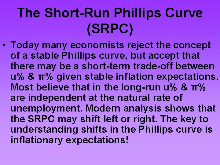 The Short-Run Phillips Curve (SRPC) • Today many economists reject the concept of a