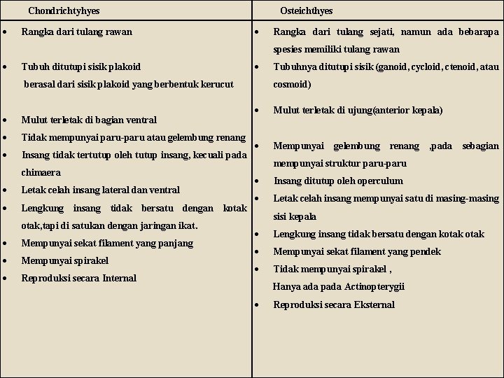 Chondrichtyhyes Rangka dari tulang rawan Osteichthyes Rangka dari tulang sejati, namun ada bebarapa spesies