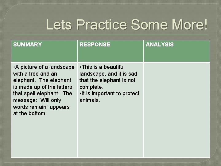 Lets Practice Some More! SUMMARY RESPONSE • A picture of a landscape with a