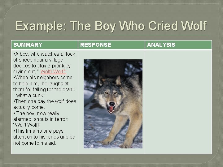 Example: The Boy Who Cried Wolf SUMMARY • A boy, who watches a flock