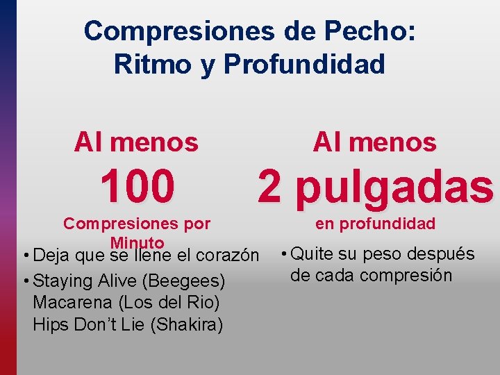 Compresiones de Pecho: Ritmo y Profundidad Al menos 100 2 pulgadas Compresiones por Minuto