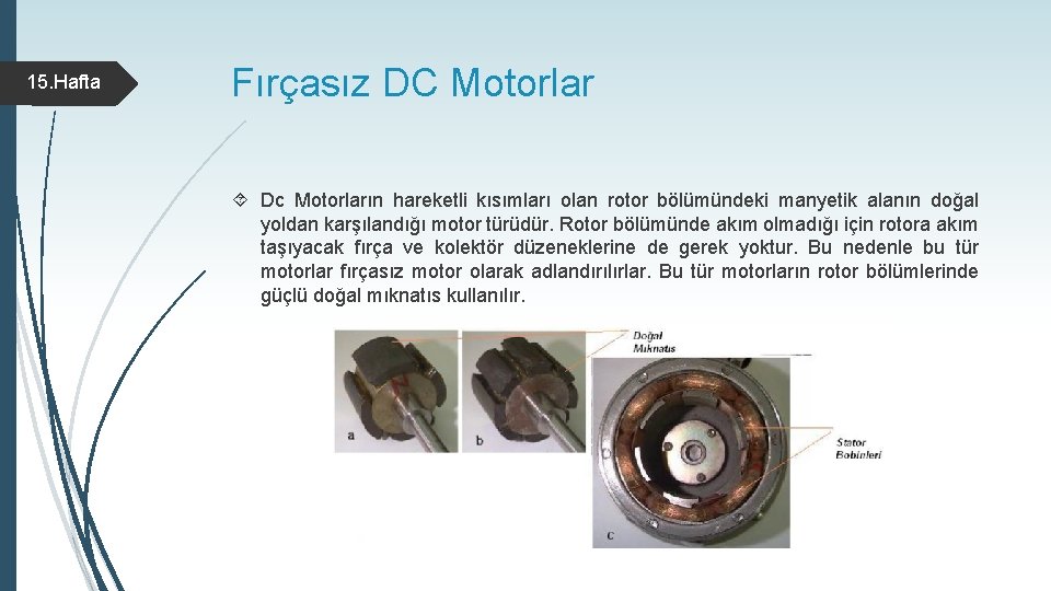 15. Hafta Fırçasız DC Motorlar Dc Motorların hareketli kısımları olan rotor bölümündeki manyetik alanın