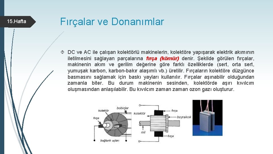 15. Hafta Fırçalar ve Donanımlar DC ve AC ile çalışan kolektörlü makinelerin, kolektöre yapışarak