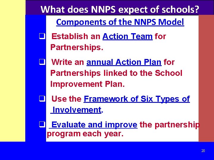 What does NNPS expect of schools? Components of the NNPS Model q Establish an