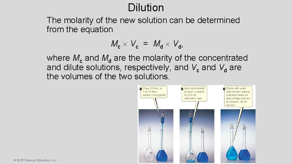 Dilution The molarity of the new solution can be determined from the equation Mc