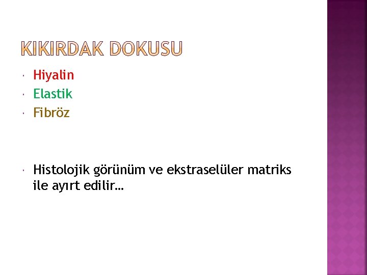  Hiyalin Elastik Fibröz Histolojik görünüm ve ekstraselüler matriks ile ayırt edilir… 