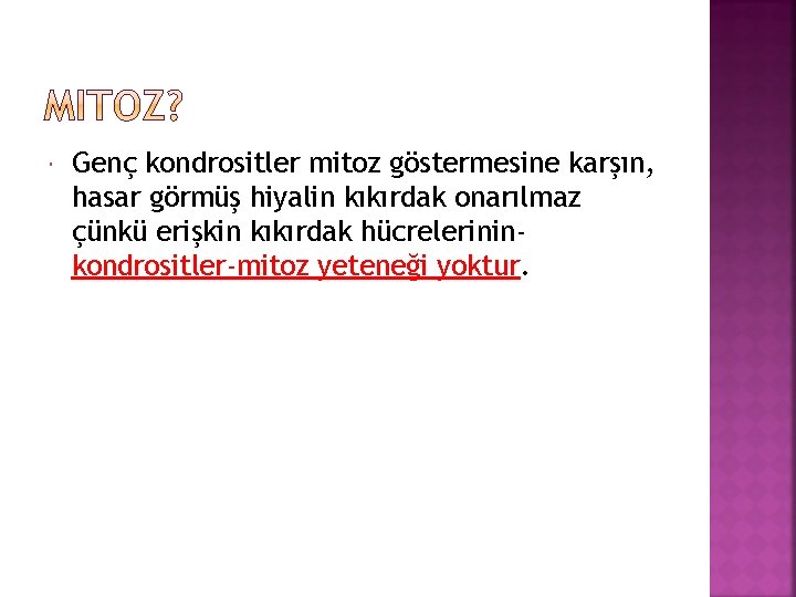  Genç kondrositler mitoz göstermesine karşın, hasar görmüş hiyalin kıkırdak onarılmaz çünkü erişkin kıkırdak