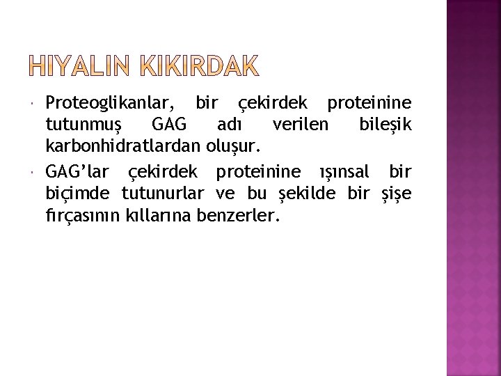  Proteoglikanlar, bir çekirdek proteinine tutunmuş GAG adı verilen bileşik karbonhidratlardan oluşur. GAG’lar çekirdek