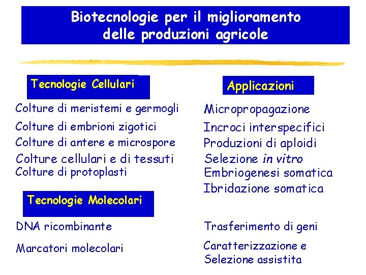 Biotecnologie per il miglioramento delle produzioni agricole Tecnologie Cellulari Applicazioni Colture di meristemi e