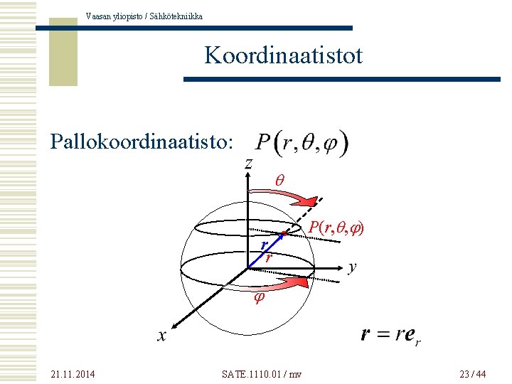 Vaasan yliopisto / Sähkötekniikka Koordinaatistot Pallokoordinaatisto: q r r P(r, q, j) j 21.