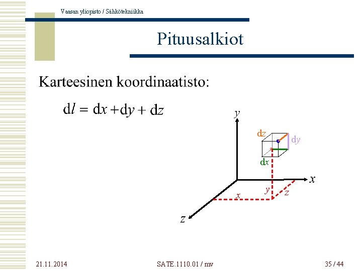 Vaasan yliopisto / Sähkötekniikka Pituusalkiot dz dy dx x 21. 11. 2014 SATE. 1110.