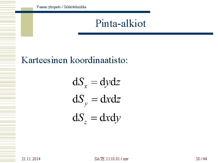 Vaasan yliopisto / Sähkötekniikka Pinta-alkiot Karteesinen koordinaatisto: 21. 11. 2014 SATE. 1110. 01 /