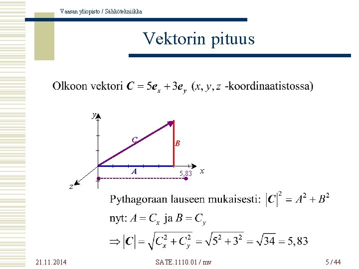 Vaasan yliopisto / Sähkötekniikka Vektorin pituus y C A B 5, 83 x z