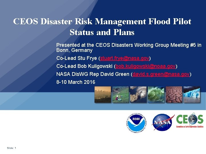CEOS Disaster Risk Management Flood Pilot Status and Plans Presented at the CEOS Disasters