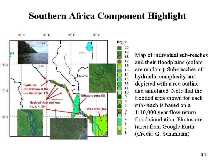 Southern Africa Component Highlight Map of individual sub-reaches and their floodplains (colors are random).