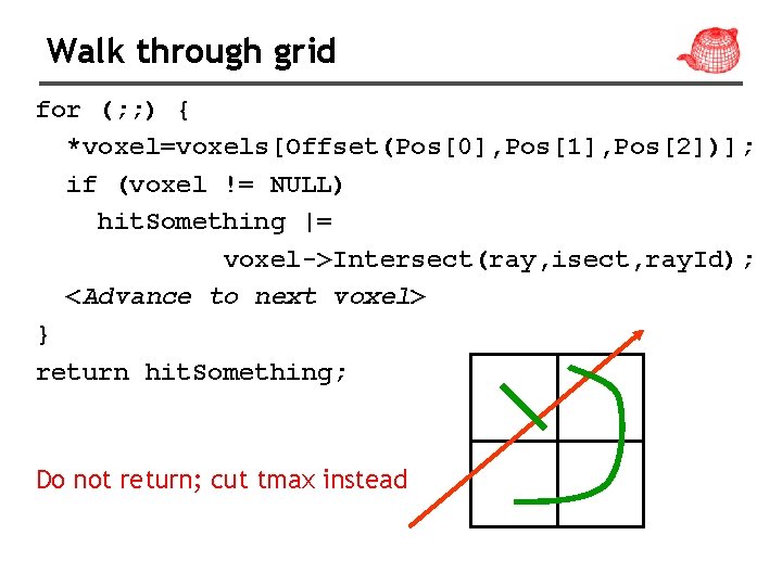 Walk through grid for (; ; ) { *voxel=voxels[Offset(Pos[0], Pos[1], Pos[2])]; if (voxel !=
