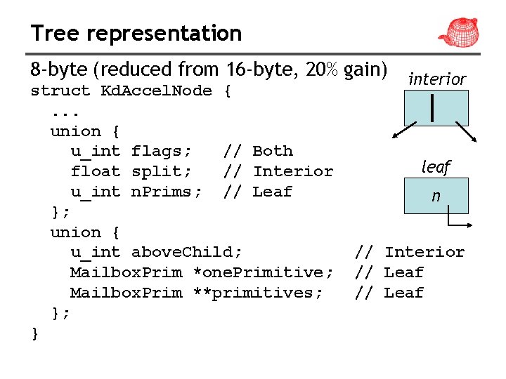 Tree representation 8 -byte (reduced from 16 -byte, 20% gain) struct Kd. Accel. Node