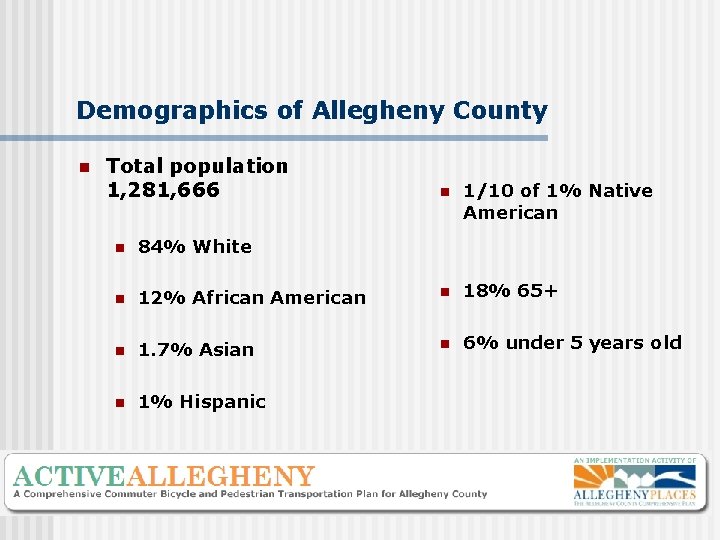 Demographics of Allegheny County n Total population 1, 281, 666 n 1/10 of 1%