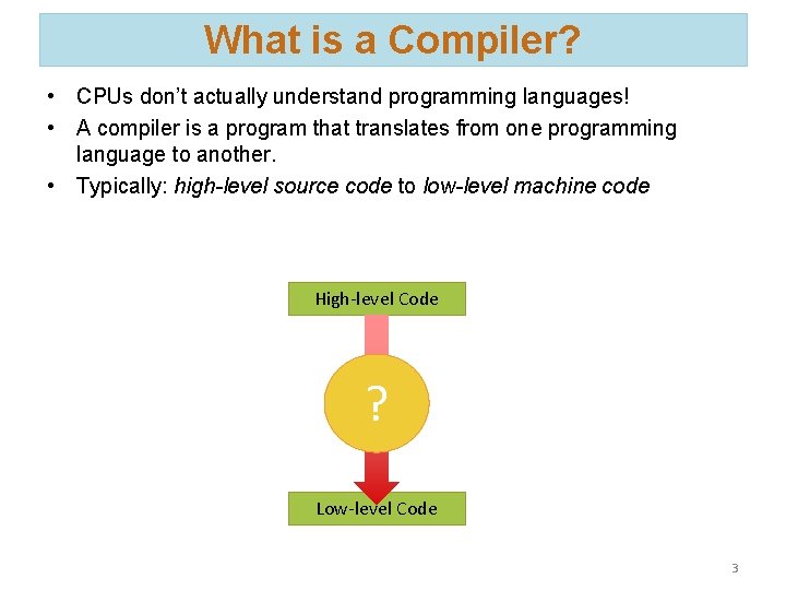 What is a Compiler? • CPUs don’t actually understand programming languages! • A compiler