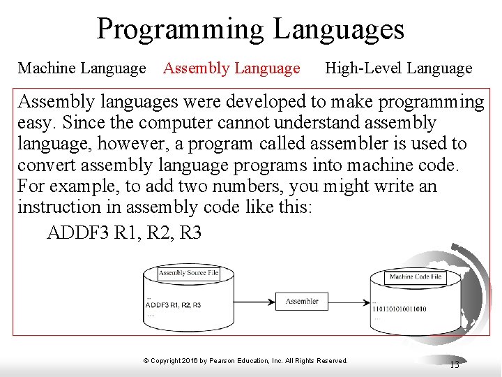 Programming Languages Machine Language Assembly Language High-Level Language Assembly languages were developed to make