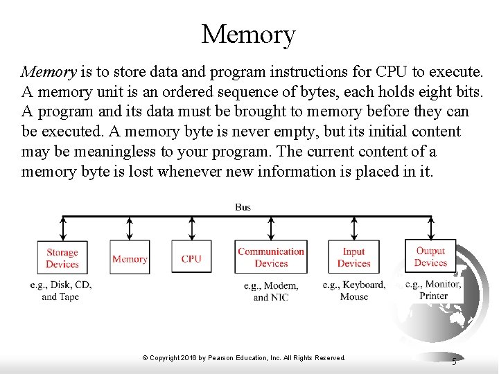 Memory is to store data and program instructions for CPU to execute. A memory