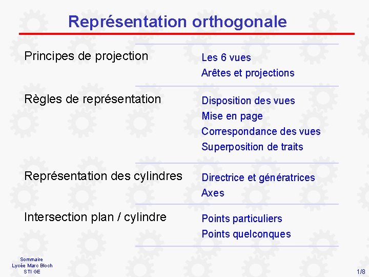 Représentation orthogonale Principes de projection Les 6 vues Arêtes et projections Règles de représentation